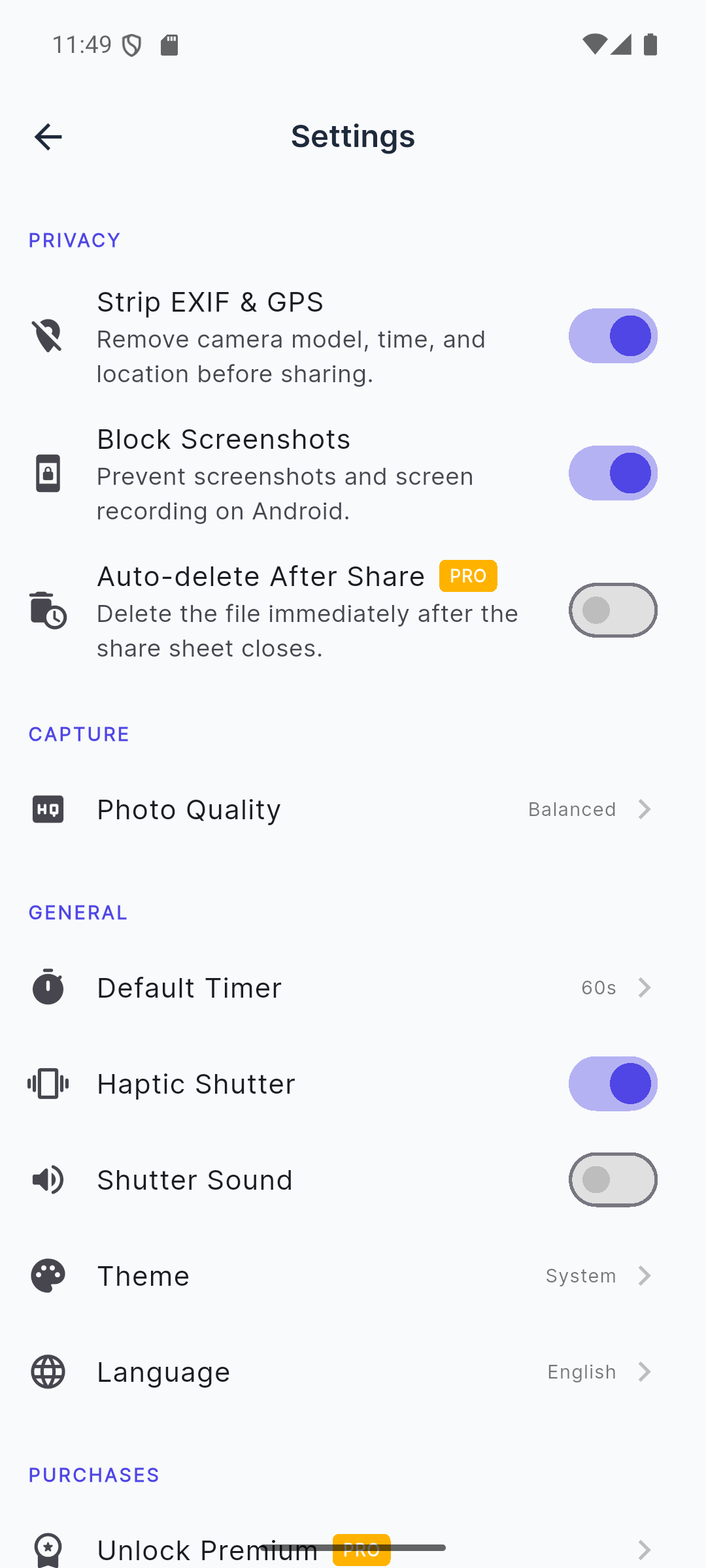 TempCam settings screen