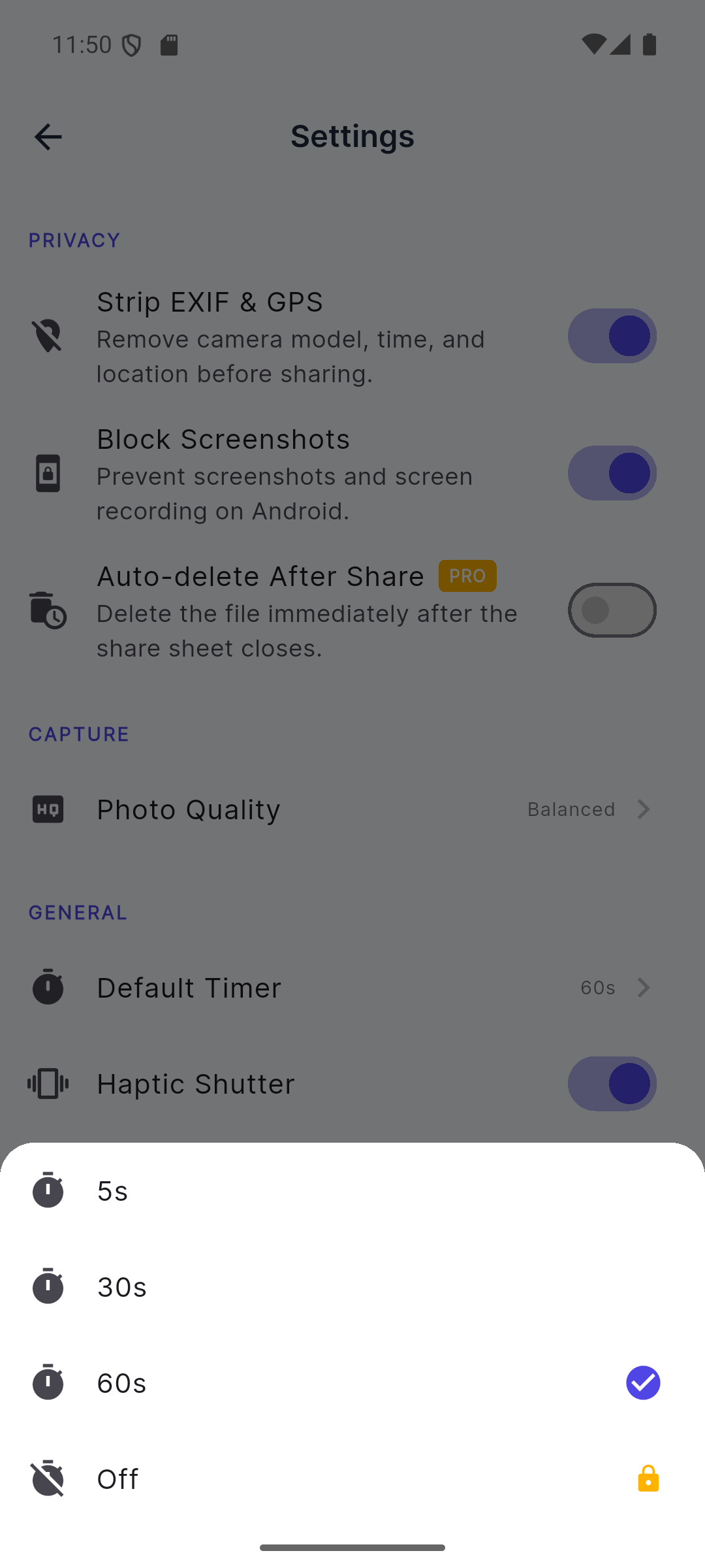 TempCam timer options screen