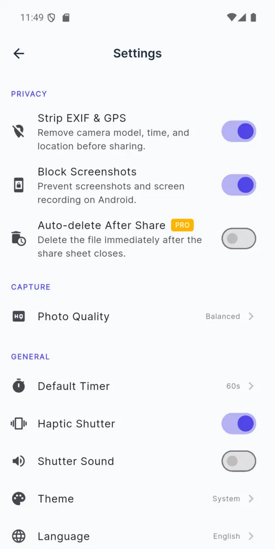 The TempCam settings screen with a Privacy section containing Strip EXIF and GPS switched on, Block Screenshots switched on and Auto-delete After Share, plus photo quality, default timer, haptic shutter, shutter sound, theme and language rows