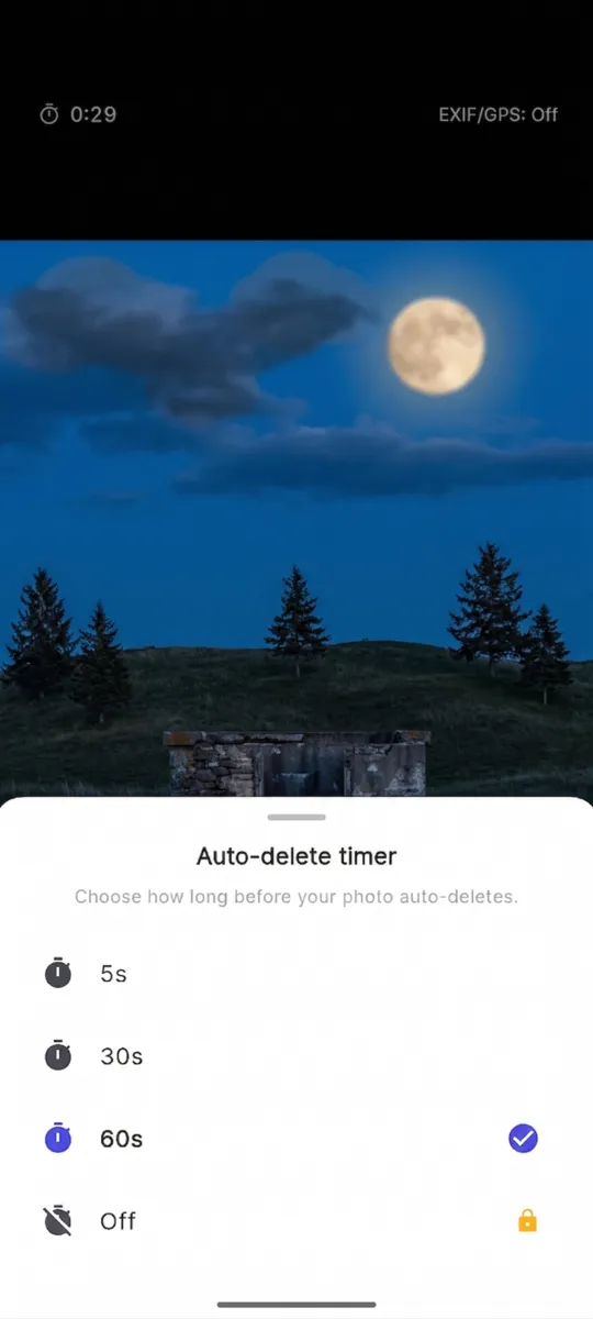 The TempCam review screen showing a night photo of a full moon with a 0:29 countdown and an EXIF/GPS: Off label at the top, and an Auto-delete timer sheet offering 5s, 30s, 60s selected, and Off
