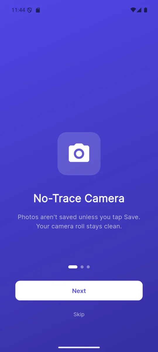A TempCam onboarding card headed No-Trace Camera, reading photos are not saved unless you tap Save, your camera roll stays clean