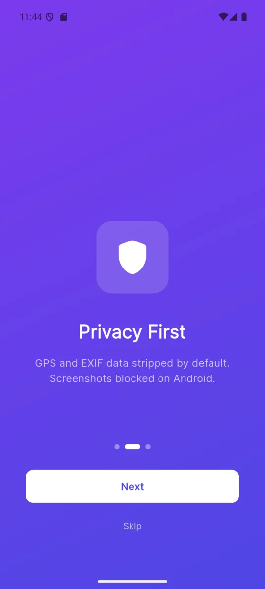 A TempCam onboarding card headed Privacy First, reading GPS and EXIF data stripped by default, screenshots blocked on Android