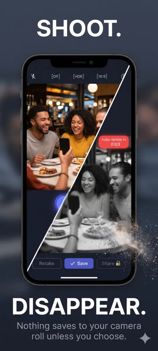 The TempCam launch screen: a phone split between a colour photo and a fading black-and-white one, headed Shoot, then Disappear, with the line nothing saves to your camera roll unless you choose