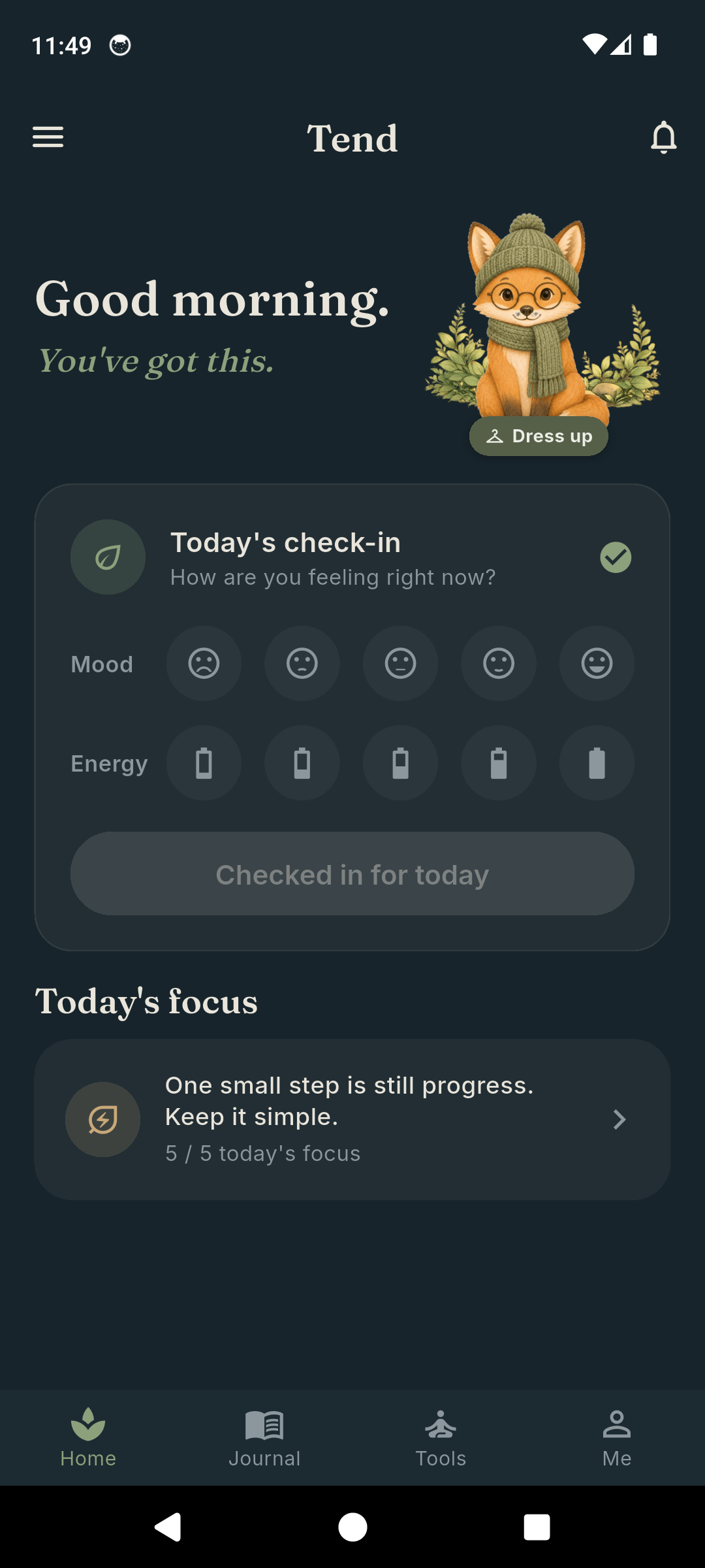 Tend home screen with the companion creature and one-tap self-care actions