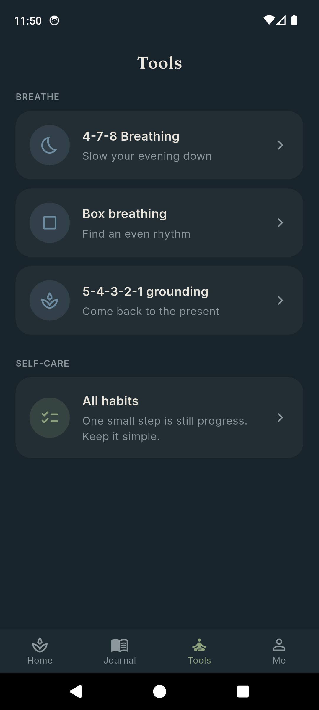 Tend tools screen with breathing and grounding exercises for calmer moments