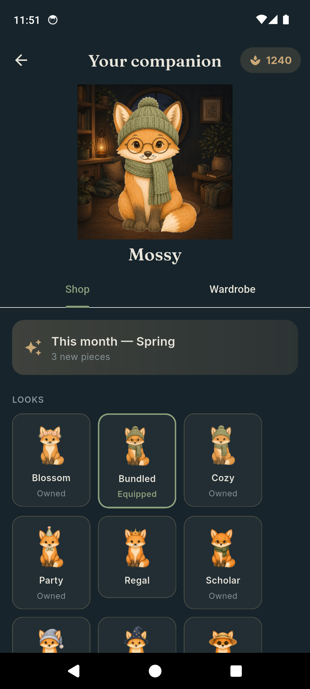 Tend companion screen where you customise your creature with collected looks