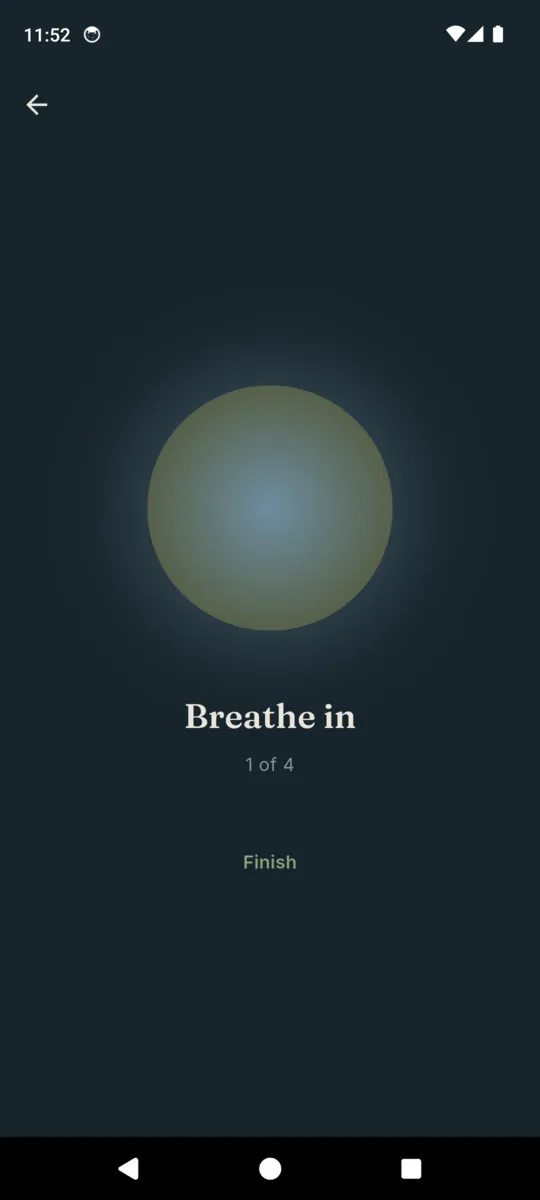 A breathing runner showing a soft glowing circle with the words Breathe in and one of four