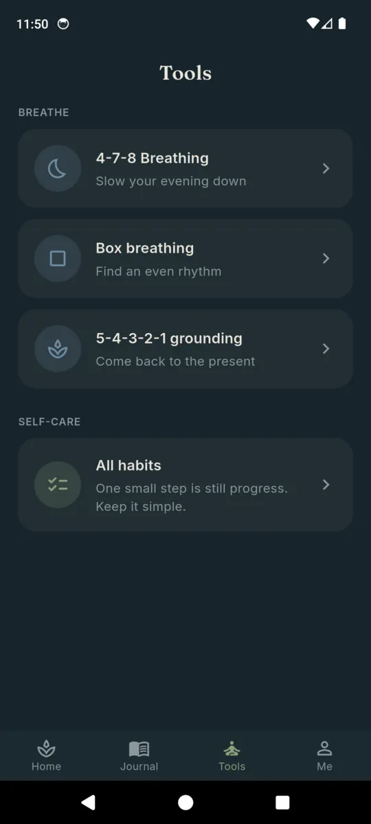 The Tools tab listing 4-7-8 breathing, box breathing, 5-4-3-2-1 grounding and all habits
