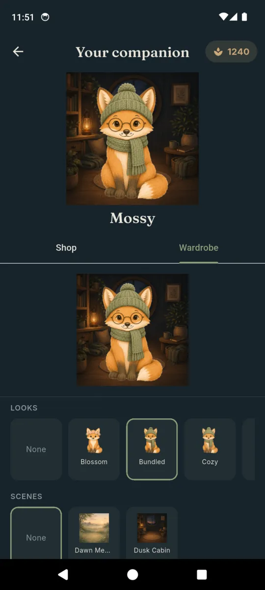 Tend's wardrobe screen: a fox named Mossy in a knitted hat and scarf, with rows of looks and background scenes below