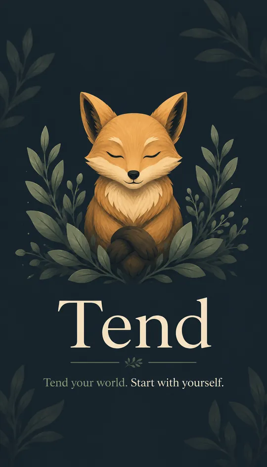 Tend launch screen: a sleeping fox among leaves above the wordmark and the line Tend your world, start with yourself