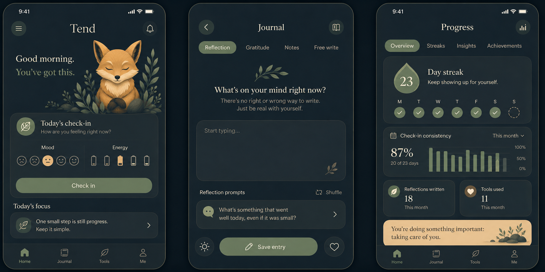 Tend home screen with the companion, a daily check-in, and self-care actions