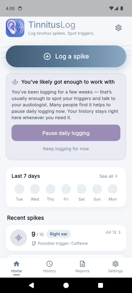 The TinnitusLog home screen with a Log a spike button, the wind-down card offering to pause daily logging, a last-seven-days strip and a recent spike