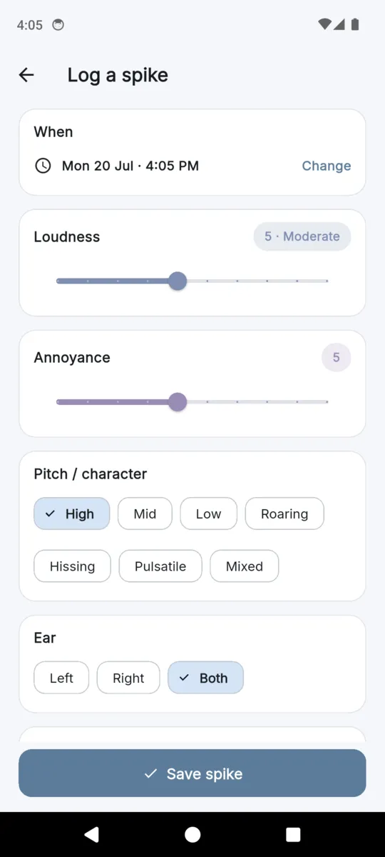The TinnitusLog spike entry screen with a date and time, loudness and annoyance sliders, pitch chips from high to mixed, ear selection and a Save spike button