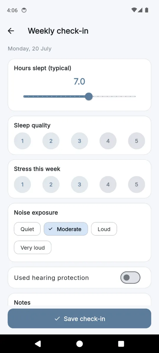The TinnitusLog weekly check-in with hours slept, sleep quality, stress, noise exposure, a hearing-protection toggle and a notes field