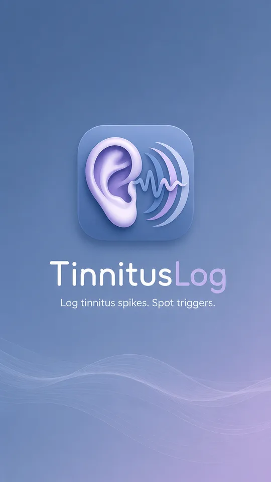 The TinnitusLog launch screen: a pale lilac ear with soundwaves on a soft periwinkle field, the app name, and the line Log tinnitus spikes. Spot triggers.