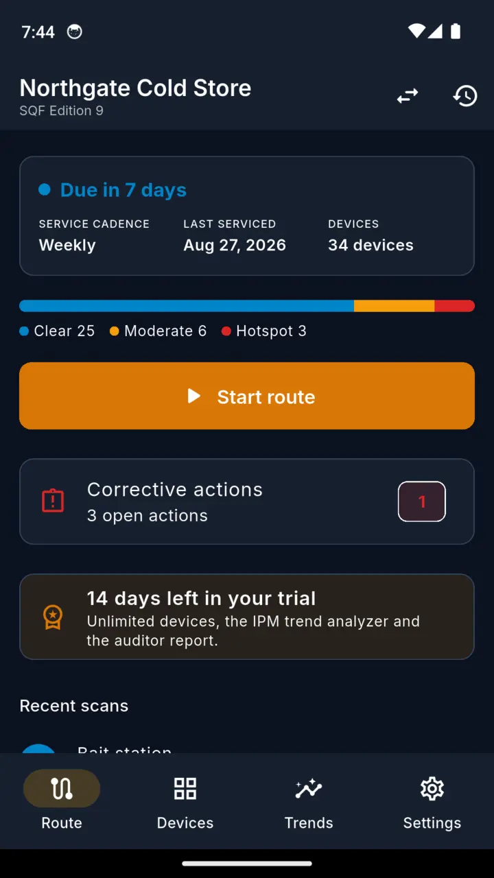 The route screen: Northgate Cold Store, due in six days, weekly cadence, 34 devices