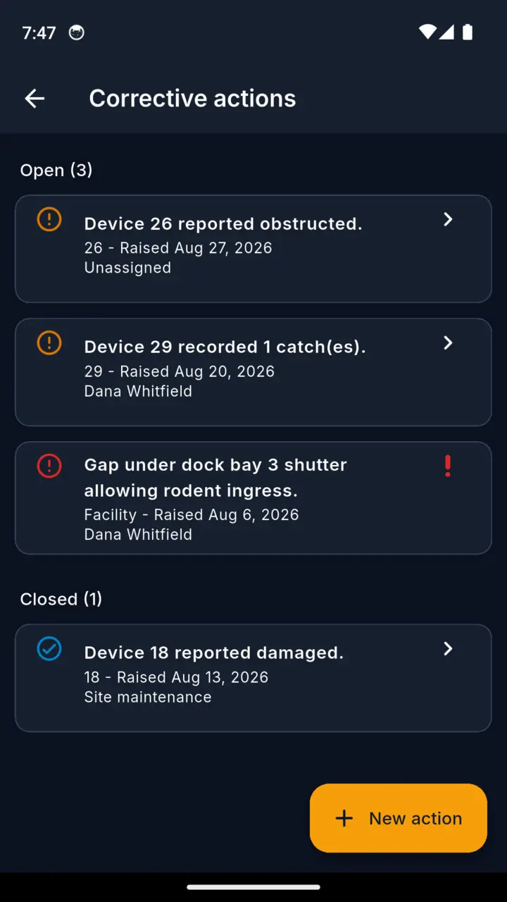 The corrective actions list with open and closed actions, owners and due dates