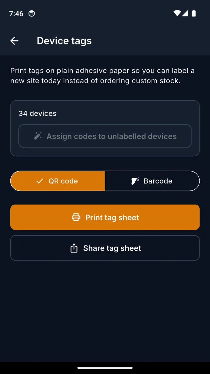 A printable sheet of QR device tags laid out for ordinary adhesive paper