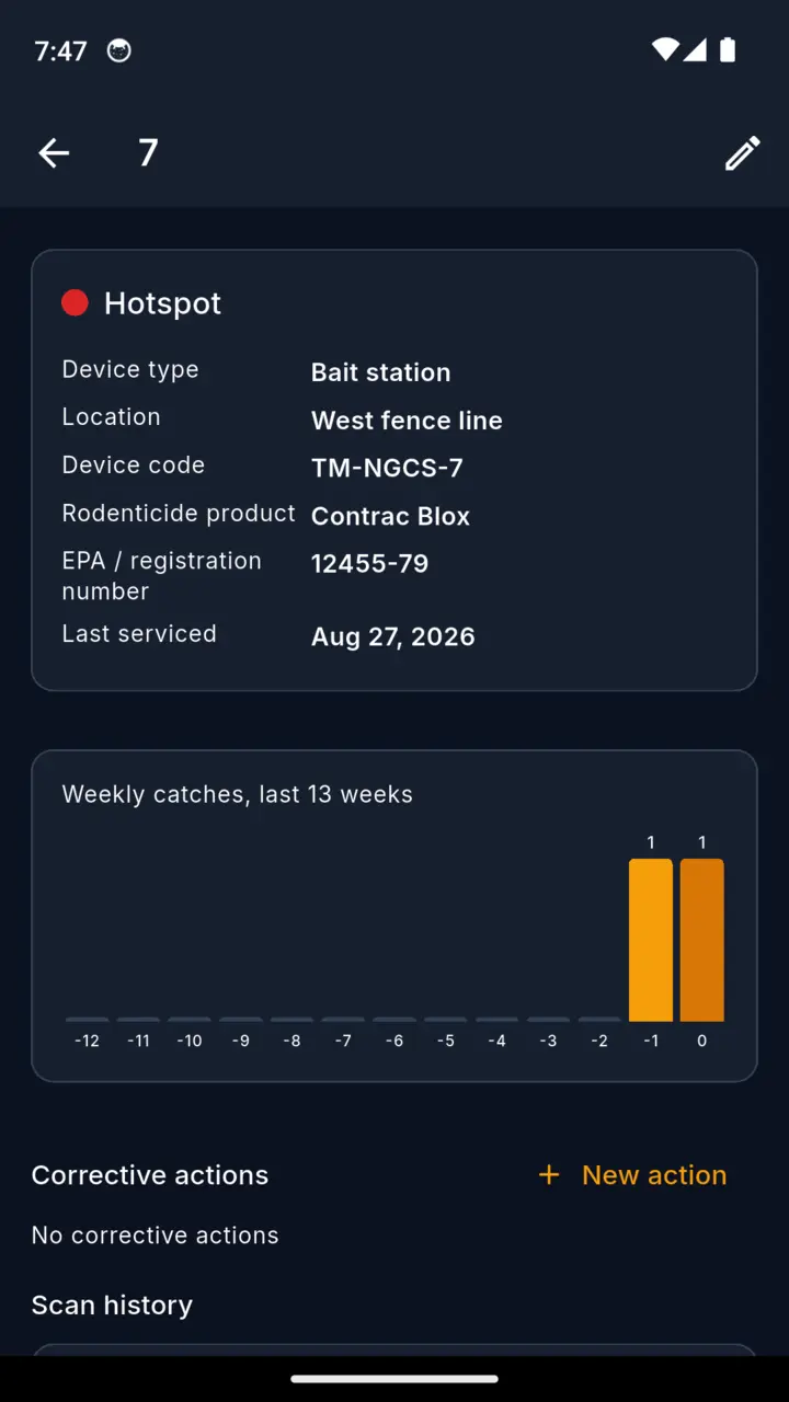 A single device screen showing its number, product, registration number and scan history