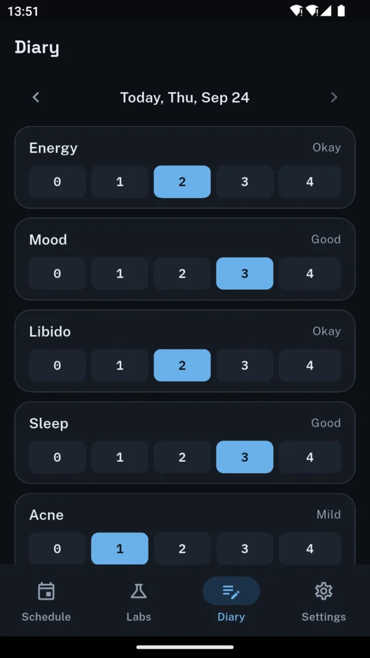 The diary: today’s ratings for energy, mood, libido, sleep and acne.