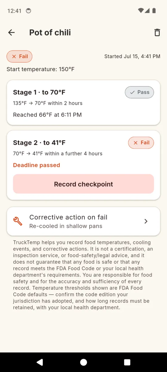 A TruckTemp cooling event for a pot of chili started at 150F, with stage 1 to 70F marked Pass at 66F by 6:11 PM and stage 2 to 41F marked Fail with the deadline passed