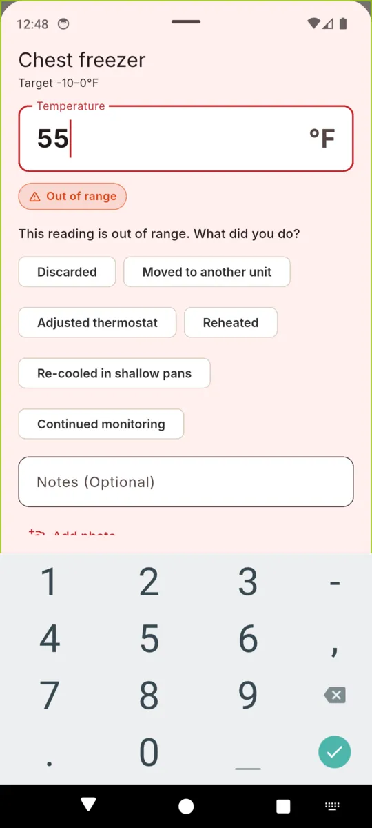 Entering 55 degrees Fahrenheit for the chest freezer in TruckTemp, flagged out of range, with corrective action choices: discarded, moved to another unit, adjusted thermostat, reheated, re-cooled in shallow pans and continued monitoring