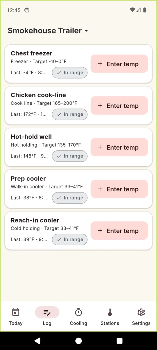 The TruckTemp log screen listing five stations, each with its type, target range, last reading and an Enter temp button