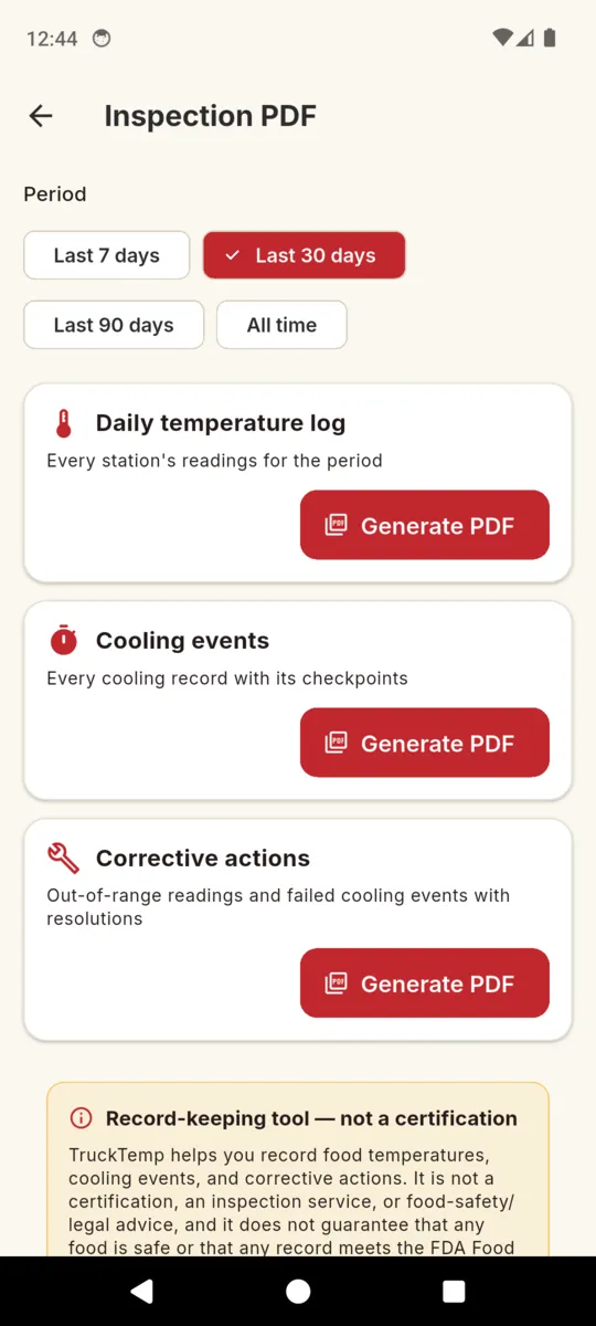 The TruckTemp Inspection PDF screen with period chips for last 7, 30 and 90 days or all time, and three Generate PDF options: daily temperature log, cooling events and corrective actions