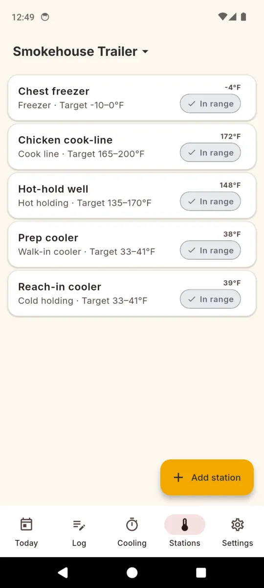 The TruckTemp stations list for a truck: chest freezer, chicken cook line, hot-hold well, prep cooler and reach-in cooler, each with its type and target range