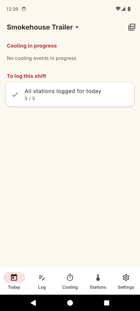 The TruckTemp Today screen for Smokehouse Trailer, with a cooling-in-progress heading reading no events, and a to-log-this-shift card showing all stations logged, 5 of 5