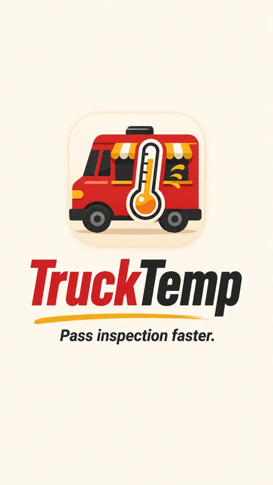 The TruckTemp launch screen: a red food truck with a thermometer across it, the TruckTemp wordmark and the line Pass inspection faster
