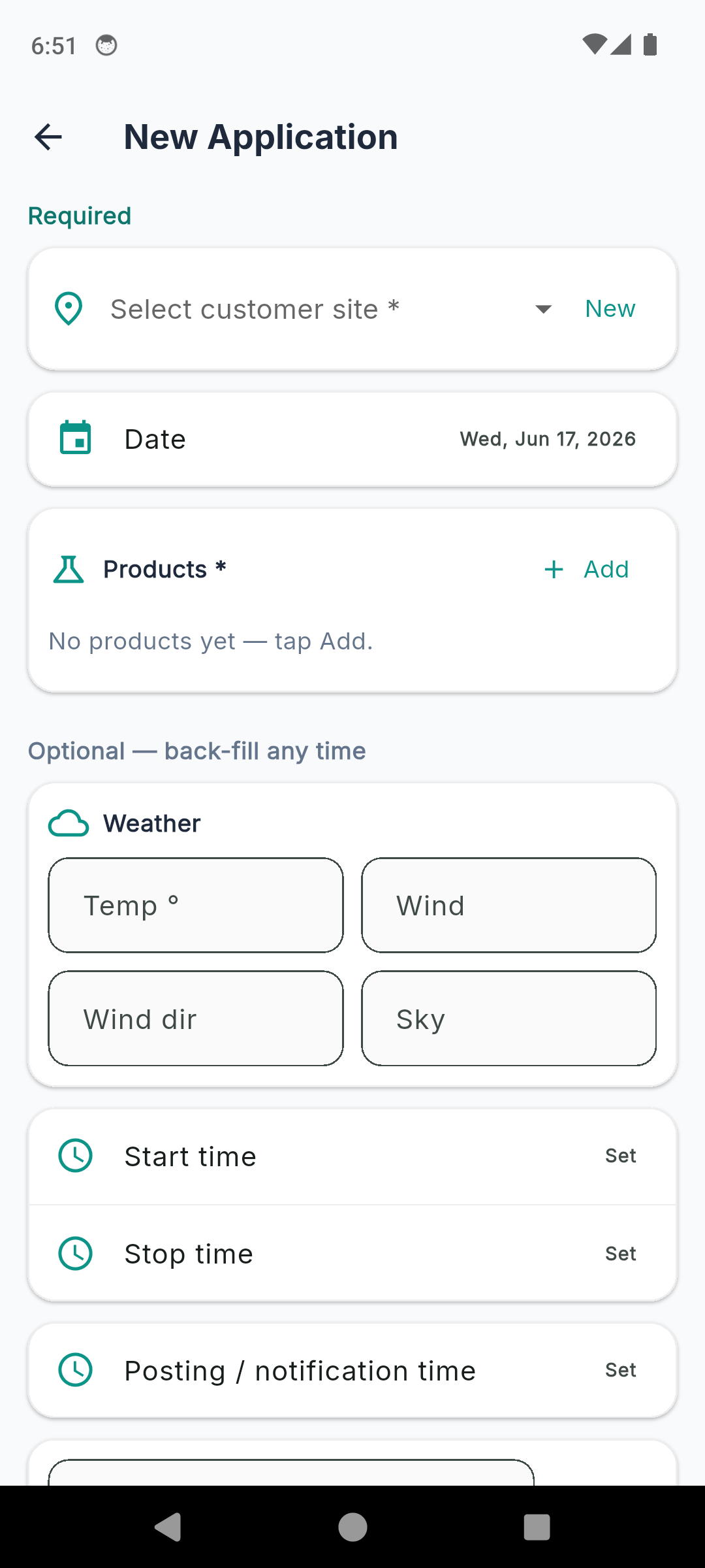TurfLog new application express entry flow with required product, site and date and optional weather, times and area fields