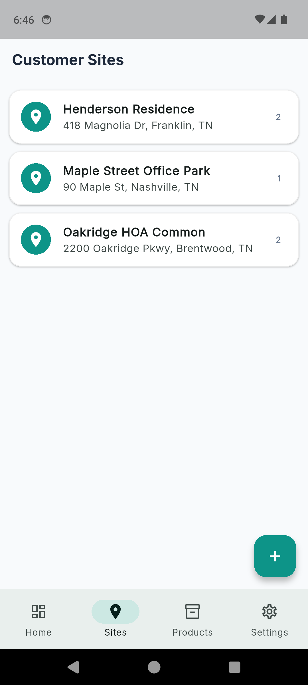 TurfLog customer sites list with service addresses and per-site application counts