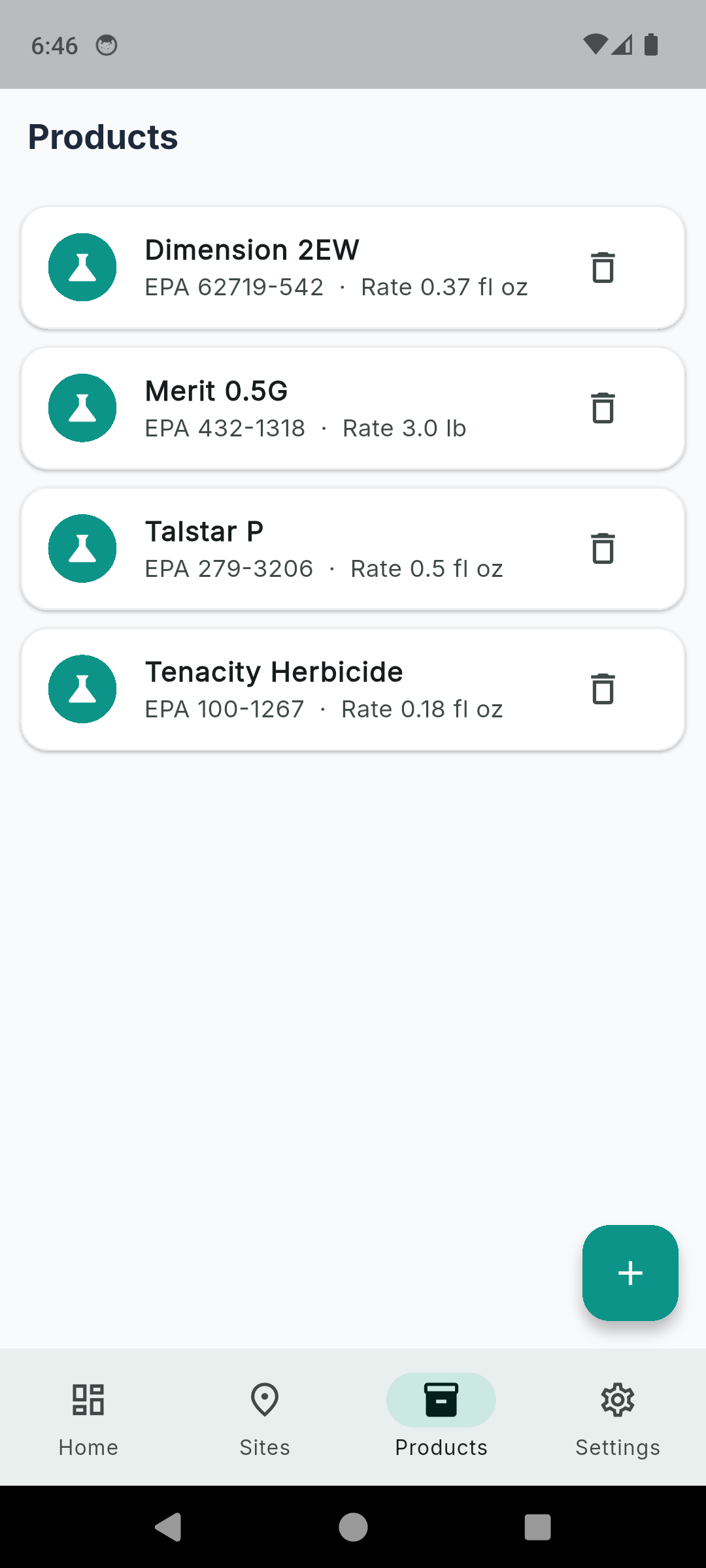 TurfLog saved products list with brand names, EPA registration numbers and default rates for fast re-entry