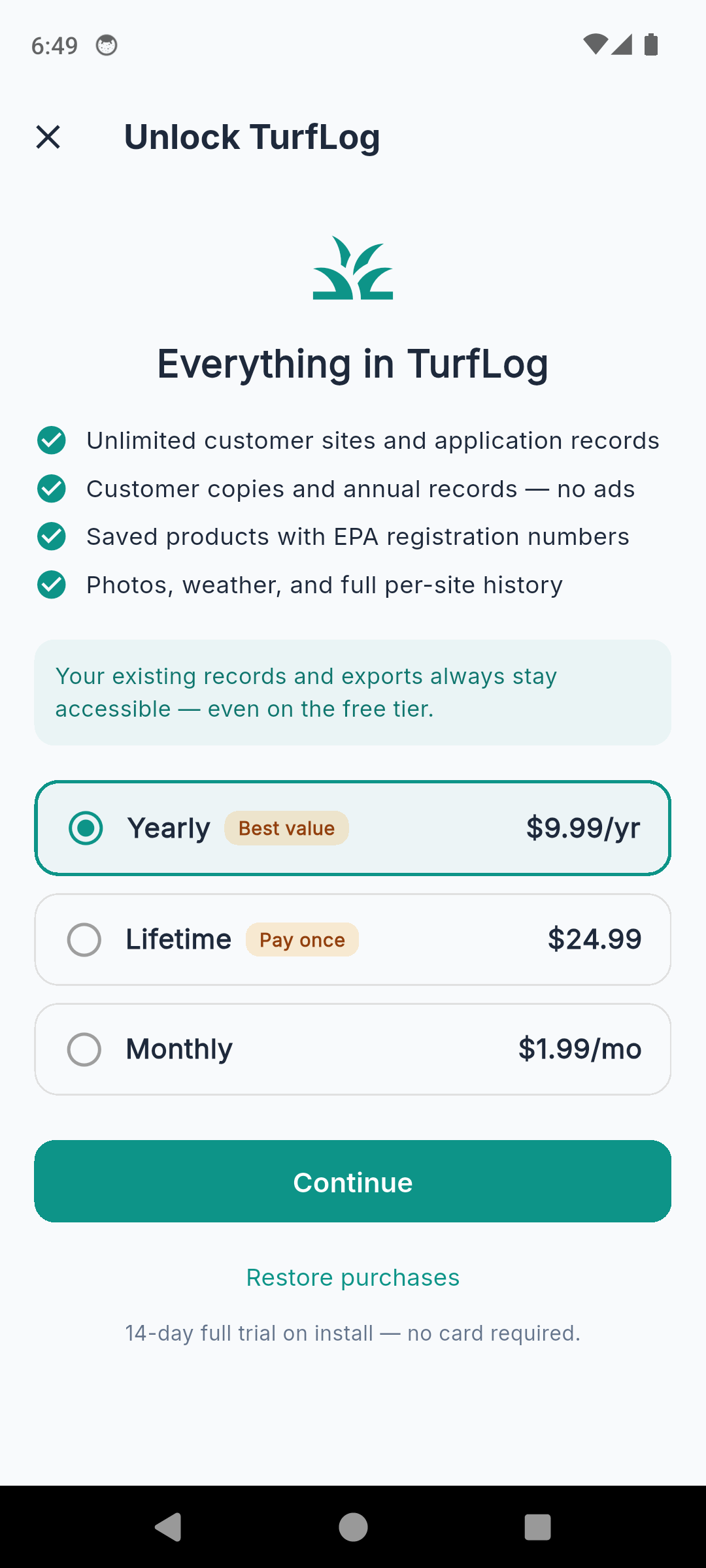 TurfLog upgrade screen with yearly, lifetime and monthly plan options