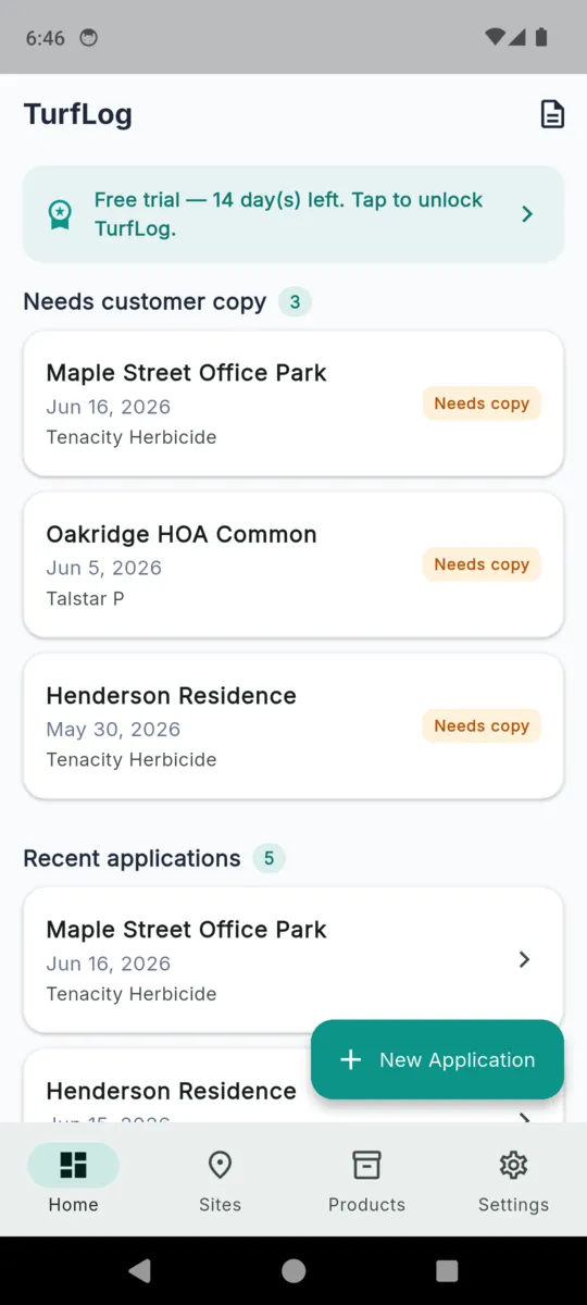 The TurfLog home screen listing three applications under the heading Needs customer copy, each with an orange Needs copy tag