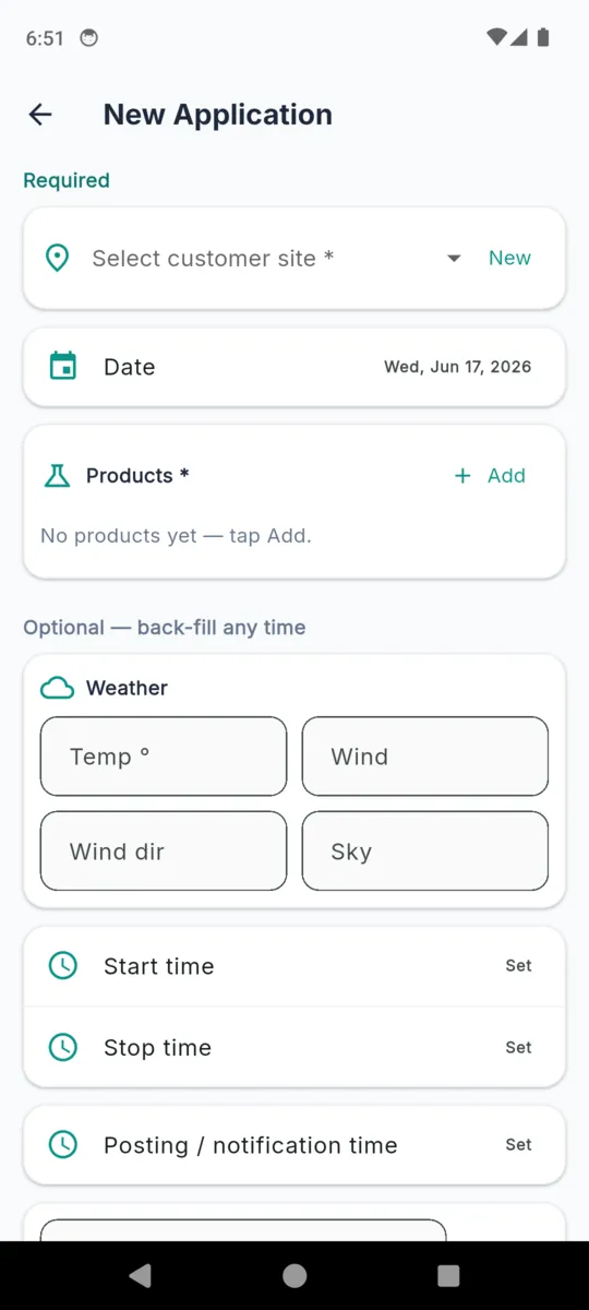The new application form in TurfLog with a required section for site, date and products and an optional section for weather and times