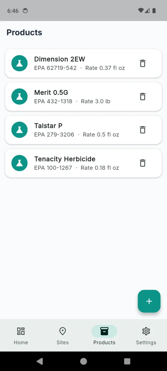 The TurfLog products list with four saved products, each showing its EPA registration number and saved rate