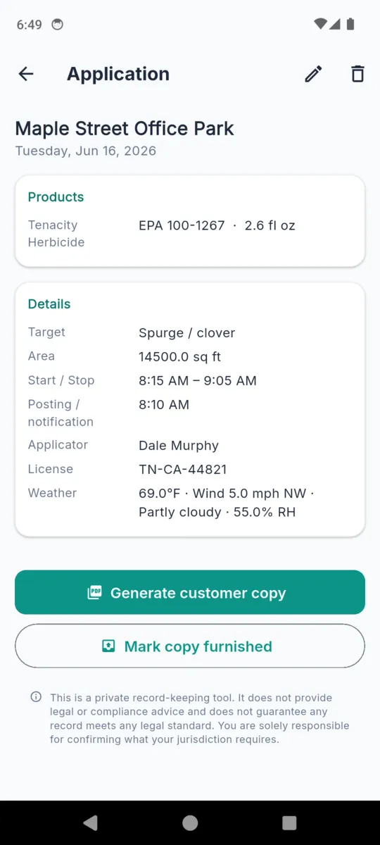 A completed TurfLog application record showing the product with its EPA registration number, target pest, area treated, start and stop times, posting time, applicator, licence and weather