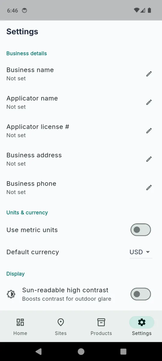 TurfLog settings with business name, applicator name, applicator licence number, address and phone, plus metric units and a sun-readable high contrast toggle
