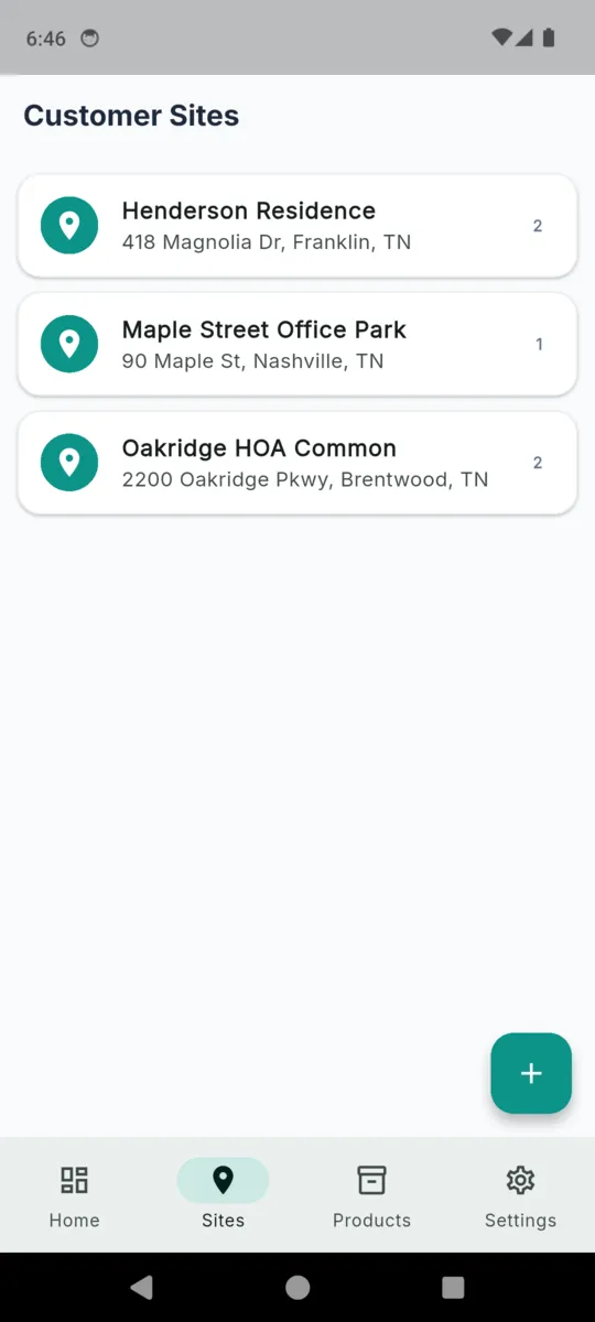 The TurfLog customer sites list showing three properties with their addresses and application counts