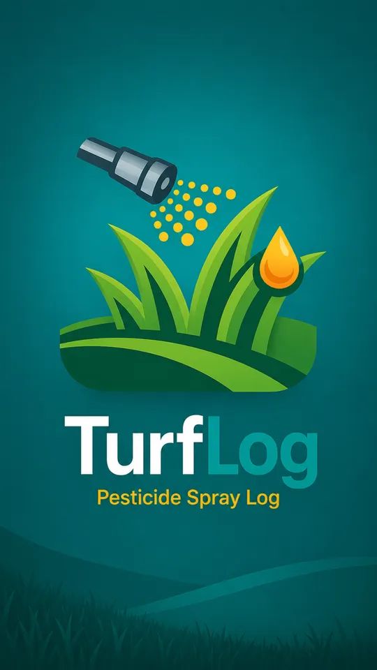The TurfLog launch screen: a spray nozzle over grass with the words TurfLog, Pesticide Spray Log