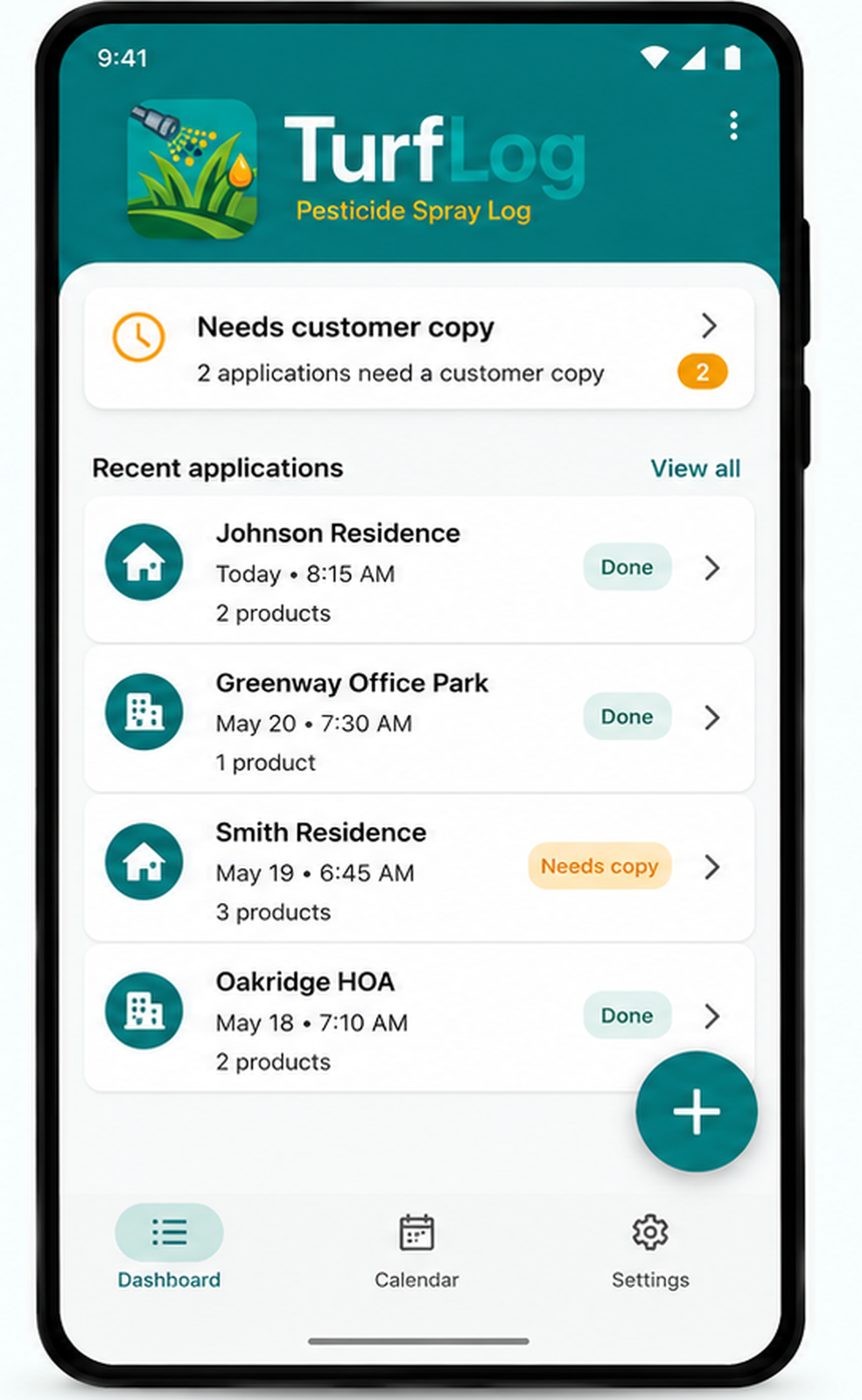 TurfLog dashboard, application detail with products and weather, and the quick new-application flow