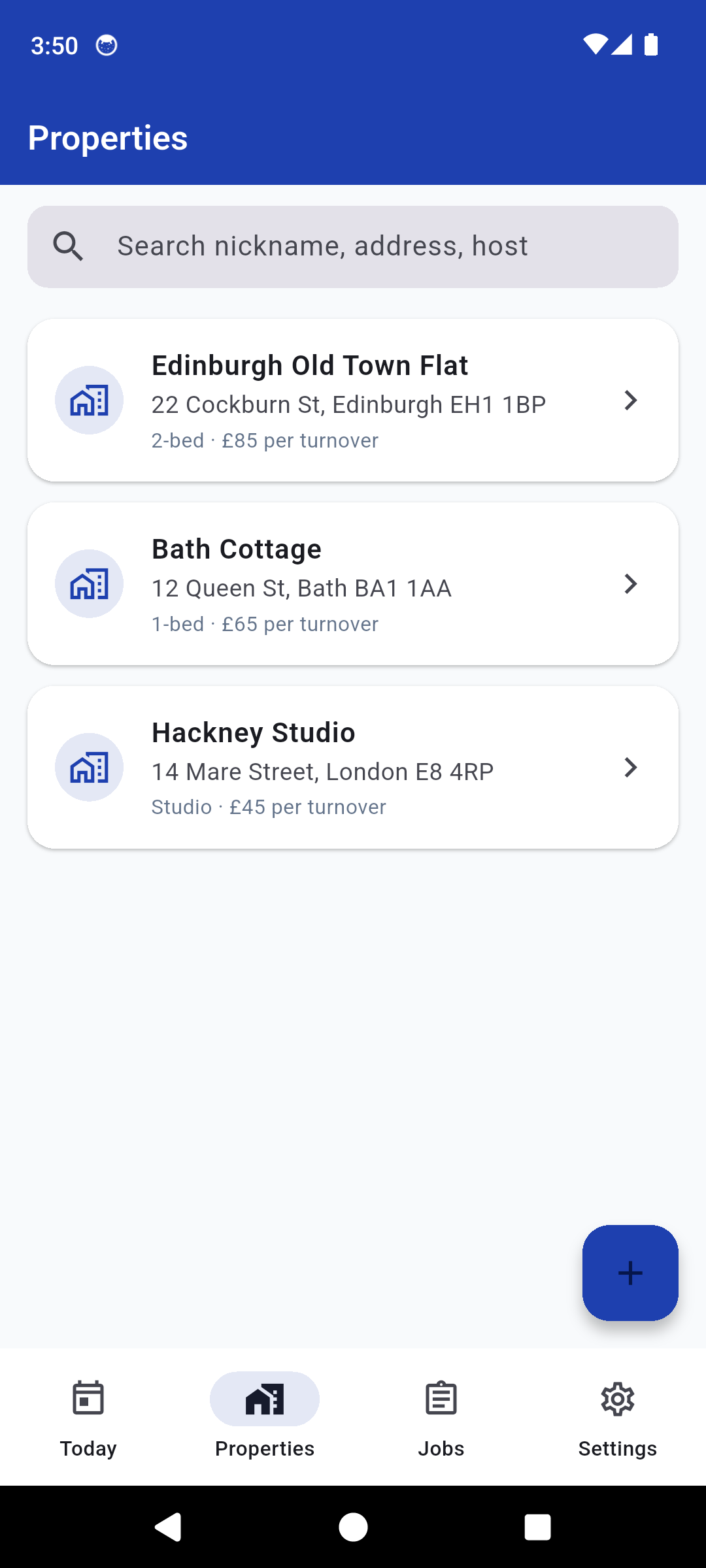 TurnSnap Properties list with Hackney Studio, Bath Cottage and Edinburgh Old Town Flat short-let units