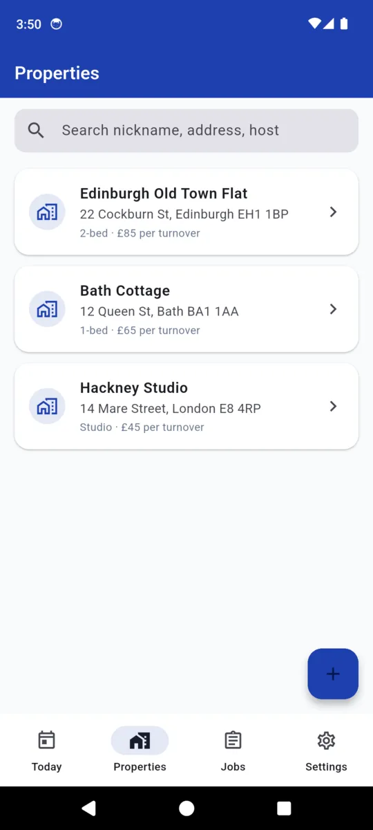 The property list with three sample properties, each showing bedrooms and the agreed payout per turnover