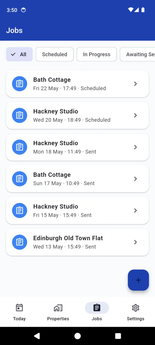 The jobs list filtered to all, showing scheduled and sent turnovers across three properties with dates and times