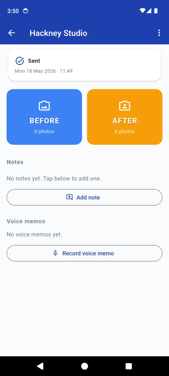 A turnover marked Sent, with the Before and After capture tiles above the notes and voice memo sections