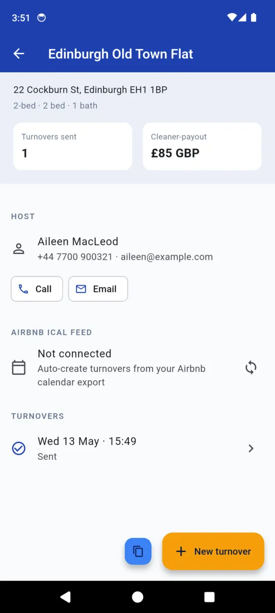 A property detail screen with turnovers sent, payout, host contact buttons, the iCal feed row and past turnovers