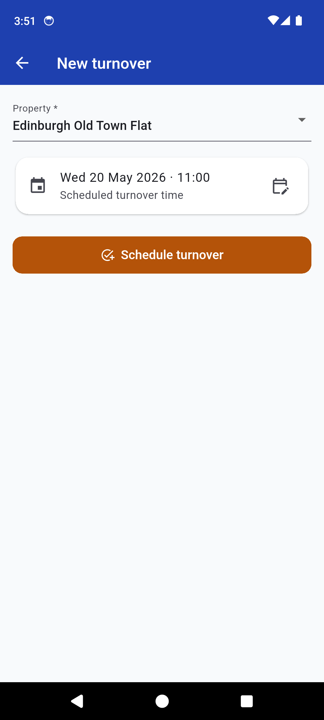 TurnSnap new turnover form with property picker and scheduled date and time selector
