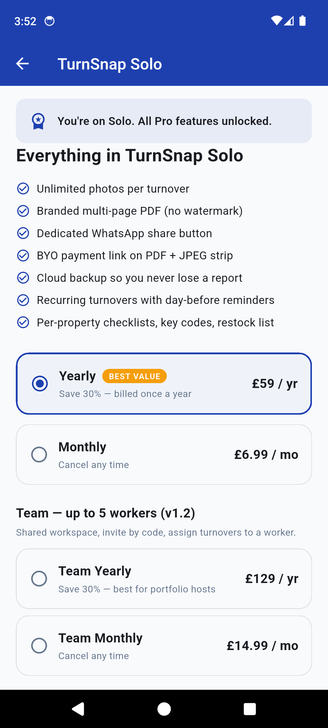 TurnSnap upgrade screen showing Solo and Team subscription pricing in GBP with yearly best-value highlight